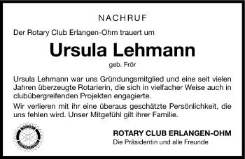 Traueranzeige von Ursula Lehmann von Erlanger Nachrichten Lokal