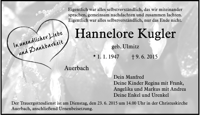  Traueranzeige für Hannelore Kugler vom 17.06.2015 aus Nordbayerische Nachrichten Pegnitz Lokal