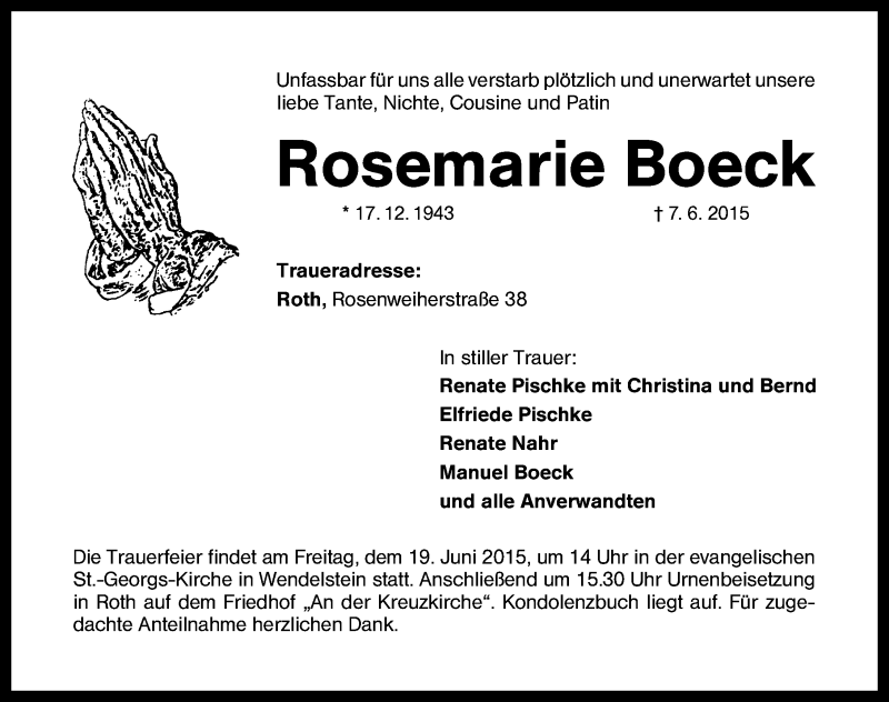  Traueranzeige für Rosemarie Boeck vom 10.06.2015 aus Schwabach