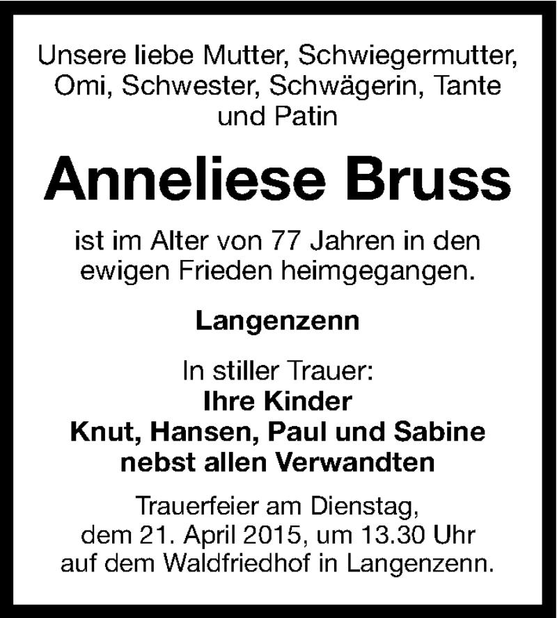  Traueranzeige für Anneliese Bruss vom 20.04.2015 aus Fürther Nachrichten Lokal