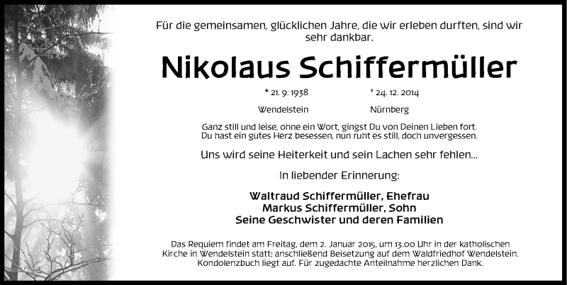  Traueranzeige für Nikolaus Schiffermüller vom 31.12.2014 aus Schwabach