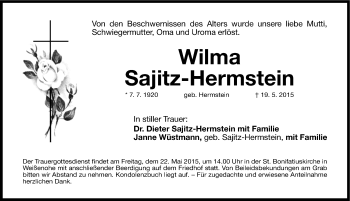 Traueranzeige von Wilma Sajitz-Hermstein von Nordbayerische Nachrichten Forchheim Lokal