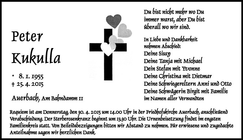  Traueranzeige für Peter Kukulla vom 27.04.2015 aus Nordbayerische Nachrichten Pegnitz Lokal