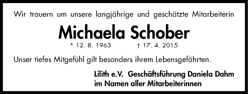  Traueranzeige für Michaela Schober vom 25.04.2015 aus Gesamtausgabe Nürnberger Nachrichten/ Nürnberger Ztg.