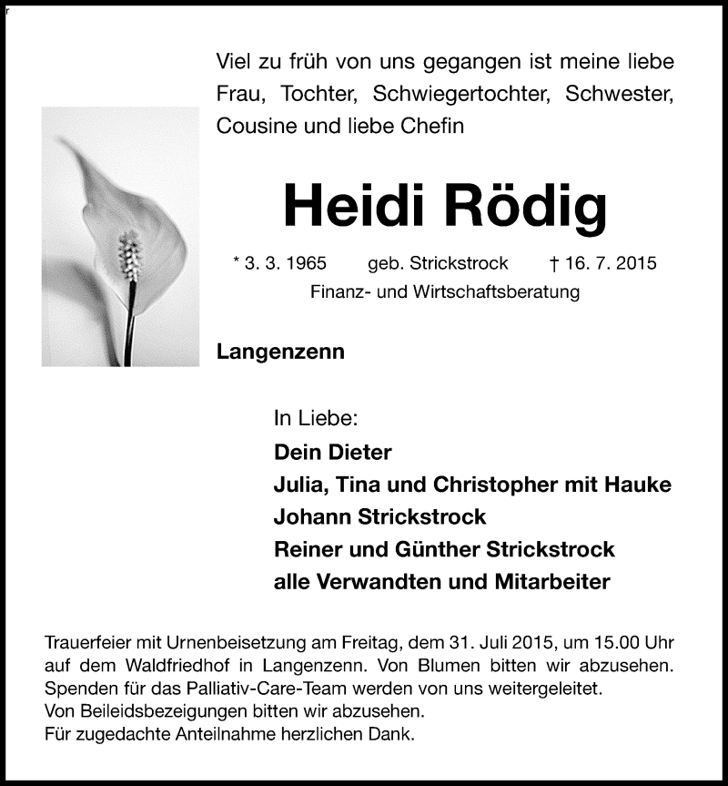  Traueranzeige für Heidi Rödig vom 25.07.2015 aus Gesamtausgabe Nürnberger Nachrichten/ Nürnberger Ztg.