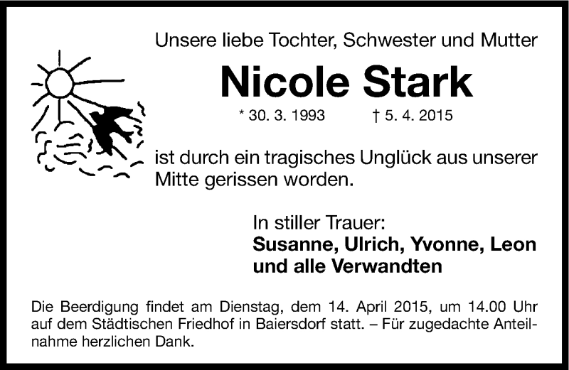  Traueranzeige für Nicole Stark vom 13.04.2015 aus Erlanger Nachrichten Lokal