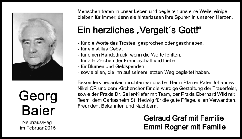  Traueranzeige für Georg Baier vom 28.02.2015 aus Nordbayerische Nachrichten Pegnitz Lokal