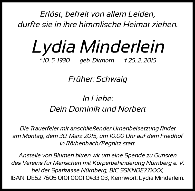  Traueranzeige für Lydia Minderlein vom 26.03.2015 aus Gesamtausgabe Nürnberger Nachrichten/ Nürnberger Ztg.