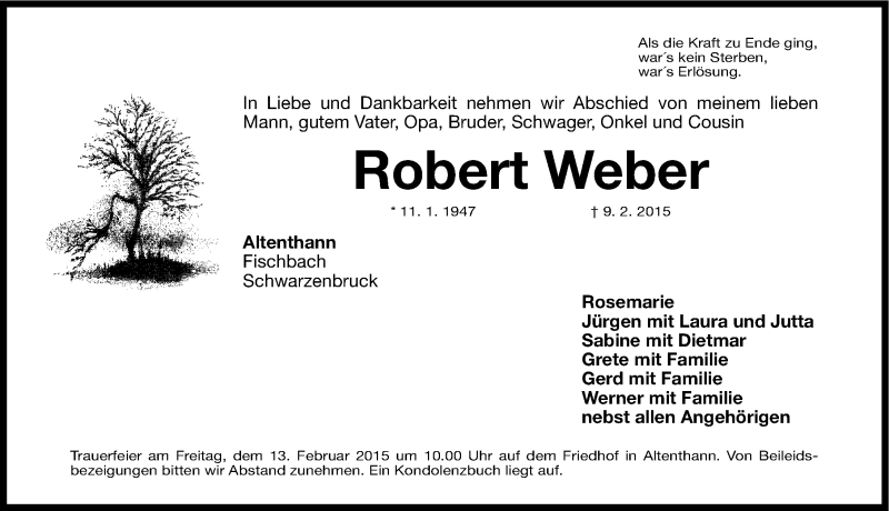  Traueranzeige für Robert Weber vom 11.02.2015 aus Gesamtausgabe Nürnberger Nachrichten/ Nürnberger Ztg.