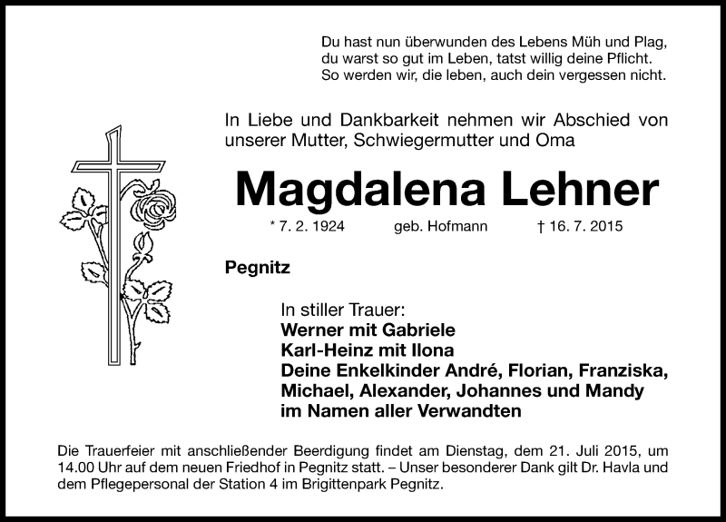  Traueranzeige für Magdalena Lehner vom 18.07.2015 aus Nordbayerische Nachrichten Pegnitz Lokal