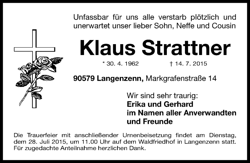  Traueranzeige für Klaus Strattner vom 25.07.2015 aus Fürther Nachrichten Lokal