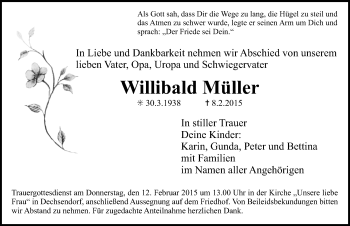 Traueranzeige von Willibald Müller von Nordbayerische Nachrichten Herzogenaurach Lokal