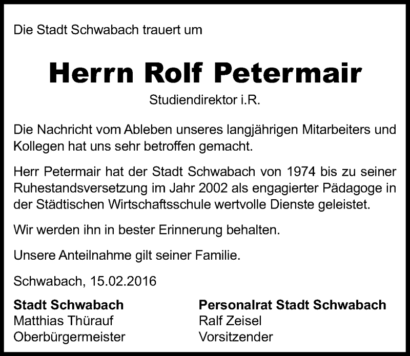  Traueranzeige für Rolf Petermair vom 17.02.2016 aus Schwabach