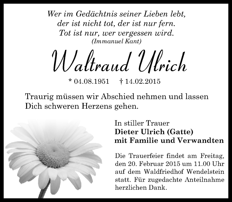  Traueranzeige für Waltraud Ulrich vom 18.02.2015 aus Gesamtausgabe Nürnberger Nachrichten/ Nürnberger Ztg.