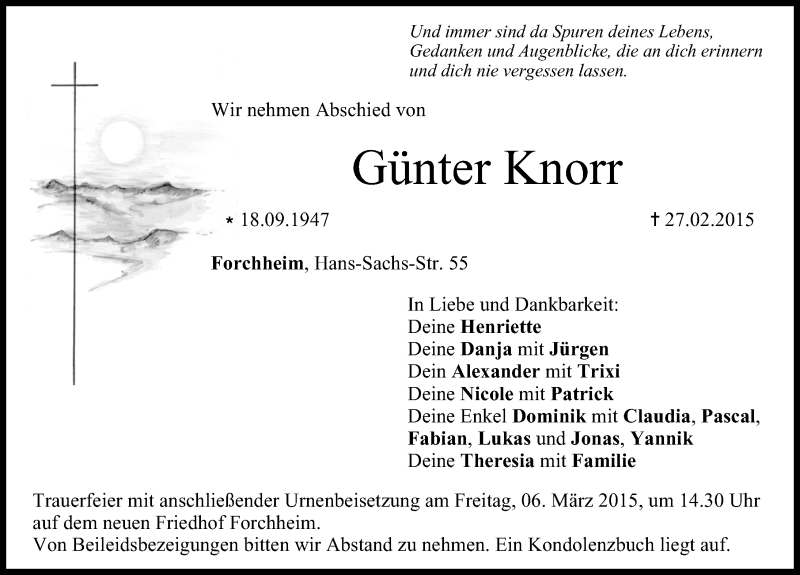  Traueranzeige für Günter Knorr vom 04.03.2015 aus Nordbayerische Nachrichten Forchheim Lokal