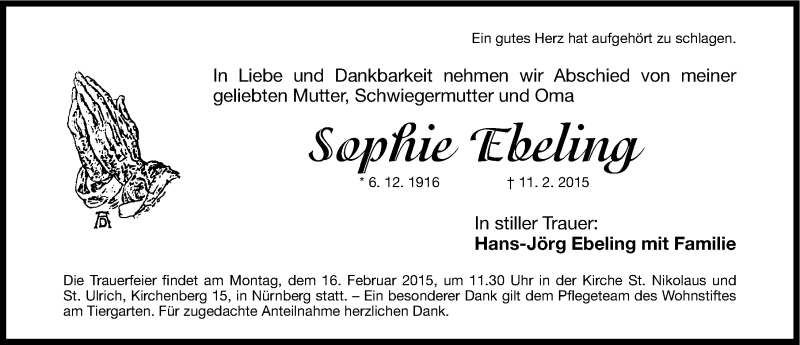 Traueranzeige für Sophie Ebeling vom 14.02.2015 aus Gesamtausgabe Nürnberger Nachrichten/ Nürnberger Ztg.