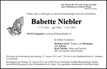 Traueranzeige von Babette Niebler von Neumarkter Nachrichten Lokal