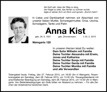 Traueranzeige von Anna Kist von Nordbayerische Nachrichten Forchheim Lokal