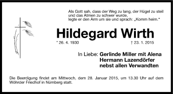 Traueranzeige von Hildegard Wirth von Gesamtausgabe Nürnberger Nachrichten/ Nürnberger Ztg.