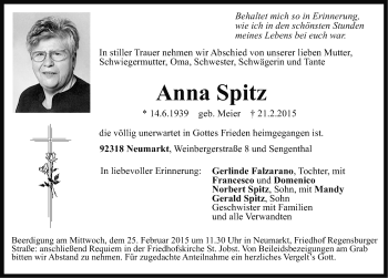 Traueranzeige von Anna Spitz von Neumarkter Nachrichten Lokal