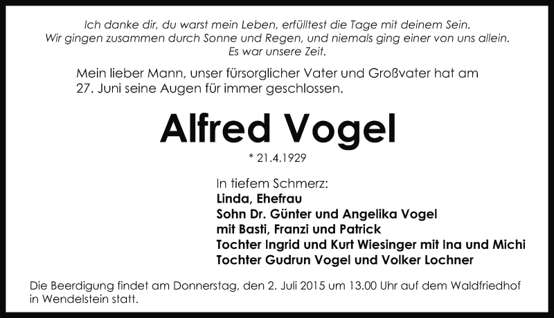  Traueranzeige für Alfred Vogel vom 30.06.2015 aus Gesamtausgabe Nürnberger Nachrichten/ Nürnberger Ztg.