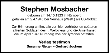 Traueranzeige von Stephen Mosbacher von Gesamtausgabe Nürnberger Nachrichten/ Nürnberger Ztg.