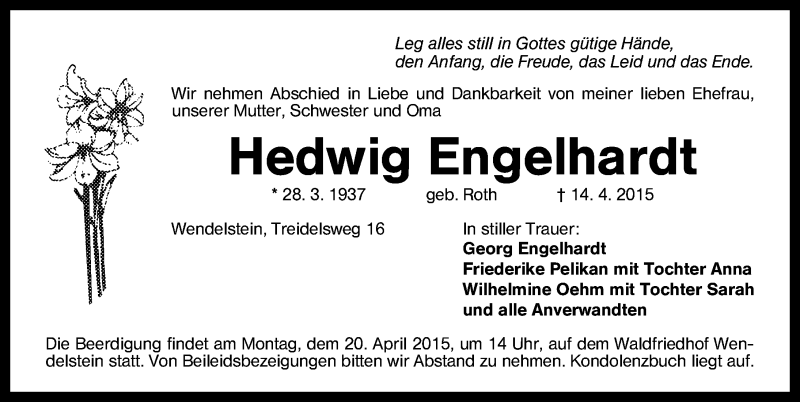  Traueranzeige für Hedwig Engelhardt vom 18.04.2015 aus Schwabach