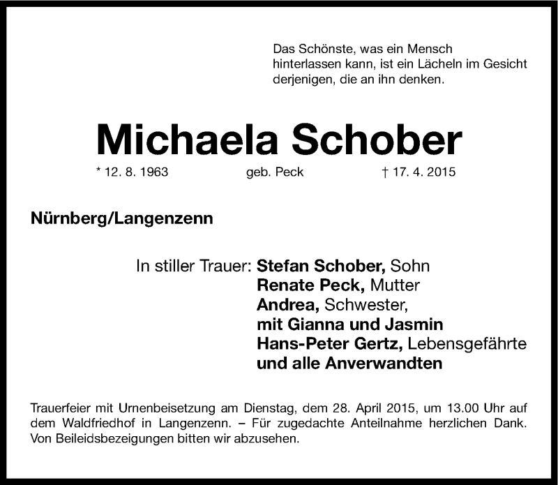  Traueranzeige für Michaela Schober vom 25.04.2015 aus Fürther Nachrichten Lokal