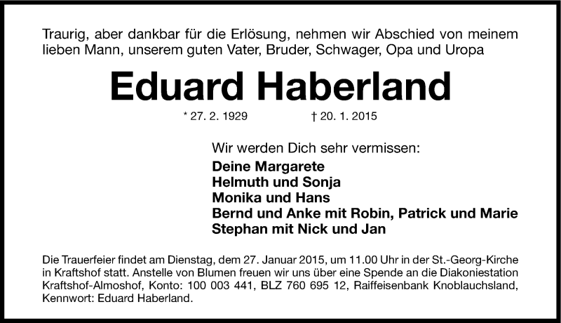  Traueranzeige für Eduard Haberland vom 24.01.2015 aus Gesamtausgabe Nürnberger Nachrichten/ Nürnberger Ztg.
