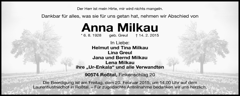  Traueranzeige für Anna Milkau vom 18.02.2015 aus Fürther Nachrichten Lokal