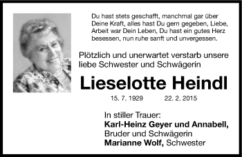 Traueranzeige von Lieselotte Heindl von Gesamtausgabe Nürnberger Nachrichten/ Nürnberger Ztg.