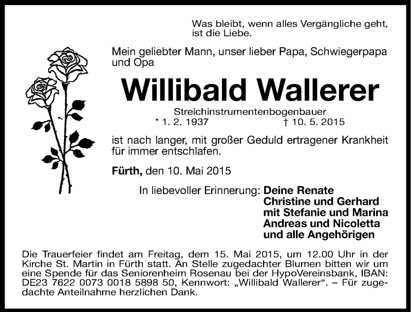  Traueranzeige für Willibald Wallerer vom 13.05.2015 aus Fürther Nachrichten Lokal