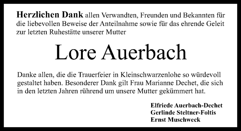  Traueranzeige für Lore Auerbach vom 07.02.2015 aus Gesamtausgabe Nürnberger Nachrichten/ Nürnberger Ztg.