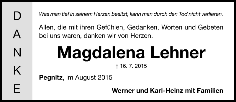  Traueranzeige für Magdalena Lehner vom 15.08.2015 aus Nordbayerische Nachrichten Pegnitz Lokal
