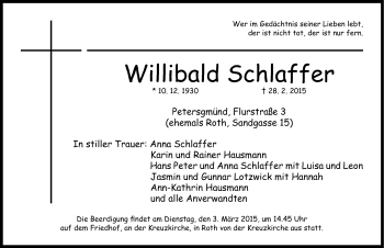Traueranzeige von Willibald Schlaffer von Roth-Hilpoltsteiner Volkszeitung Lokal