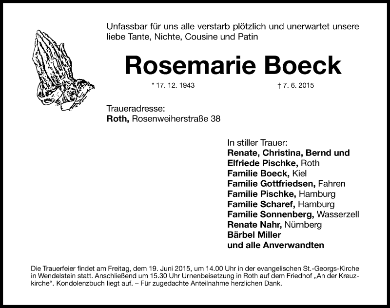  Traueranzeige für Rosemarie Boeck vom 16.06.2015 aus Roth-Hilpoltsteiner Volkszeitung Lokal