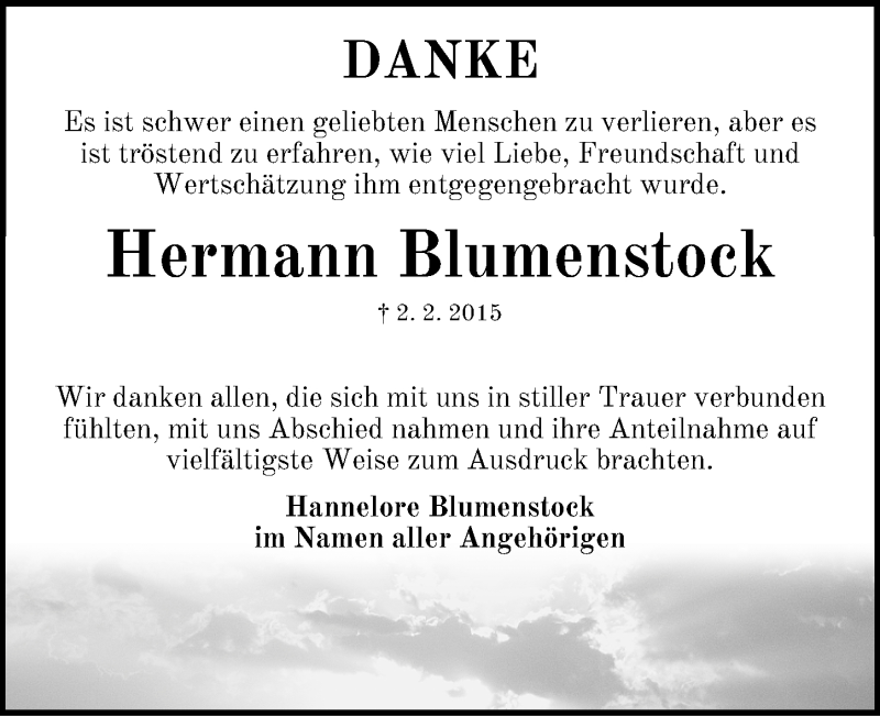  Traueranzeige für Hermann Blumenstock vom 21.02.2015 aus Gesamtausgabe Nürnberger Nachrichten/ Nürnberger Ztg.
