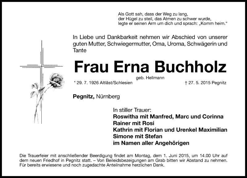  Traueranzeige für Erna Buchholz vom 30.05.2015 aus Nordbayer. Nachrichten Pegnitz/ Nordbayer. Nachrichten Forchheim