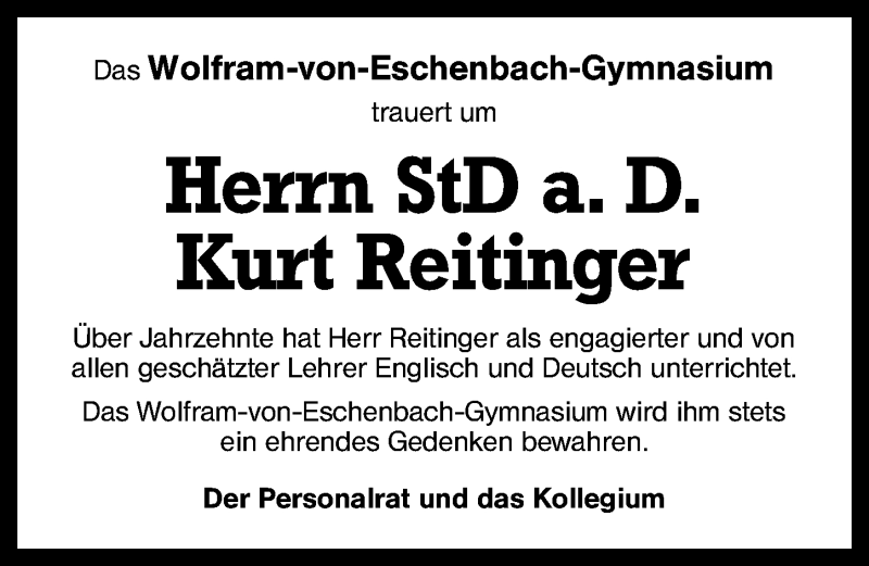  Traueranzeige für Kurt Reitinger vom 09.07.2015 aus Schwabach