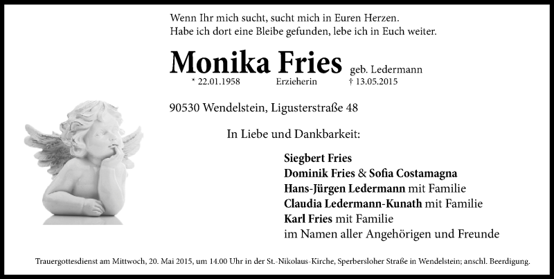  Traueranzeige für Monika Fries vom 16.05.2015 aus Gesamtausgabe Nürnberger Nachrichten/ Nürnberger Ztg.