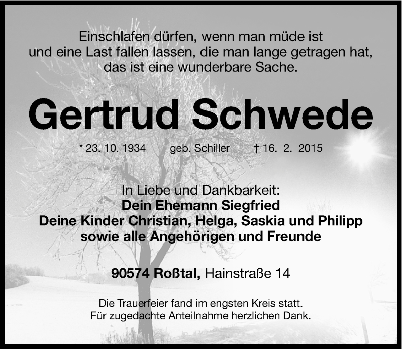  Traueranzeige für Gertrud Schwede vom 03.03.2015 aus Gesamtausgabe Nürnberger Nachrichten/ Nürnberger Ztg.