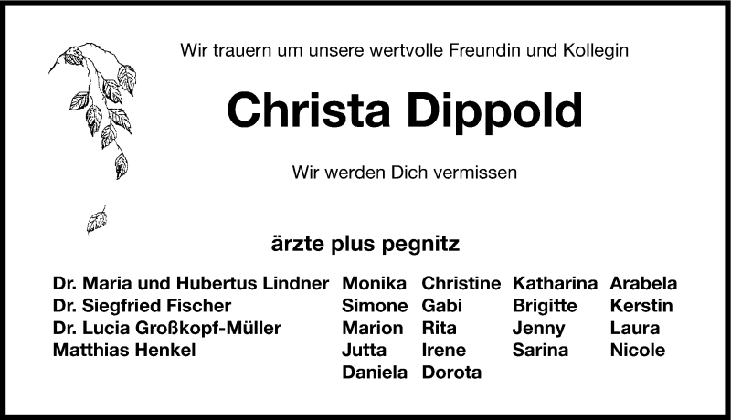  Traueranzeige für Christa Dippold vom 05.03.2015 aus Nordbayerische Nachrichten Pegnitz Lokal
