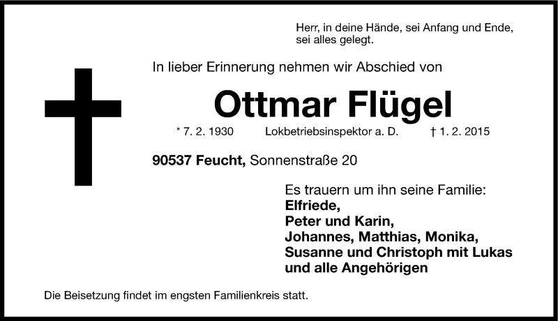  Traueranzeige für Ottmar Flügel vom 05.02.2015 aus Gesamtausgabe Nürnberger Nachrichten/ Nürnberger Ztg.
