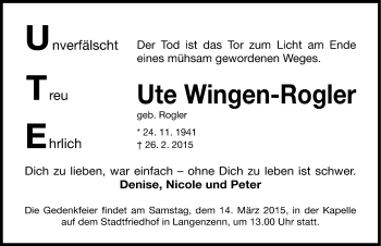 Traueranzeige von Ute Wingen-Rogler von Fürther Nachrichten Lokal