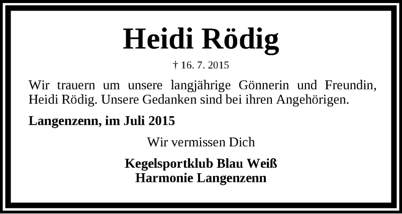  Traueranzeige für Heidi Rödig vom 27.07.2015 aus Fürther Nachrichten Lokal