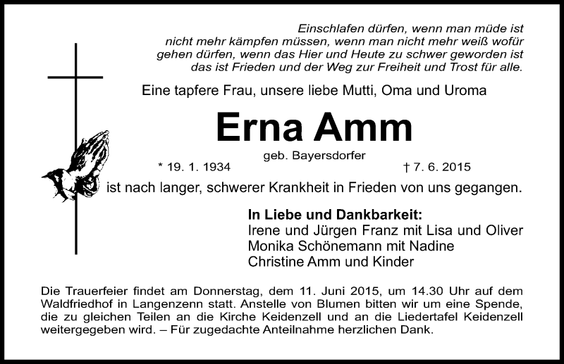  Traueranzeige für Erna Amm vom 09.06.2015 aus Fürther Nachrichten Lokal