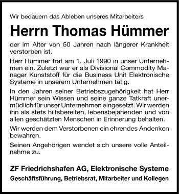 Traueranzeige von Thomas Hümmer von Nordbayerische Nachrichten Pegnitz Lokal