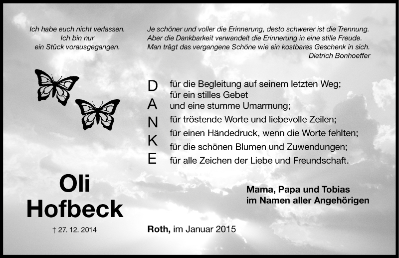  Traueranzeige für Oli Hofbeck vom 10.01.2015 aus Roth-Hilpoltsteiner Volkszeitung Lokal