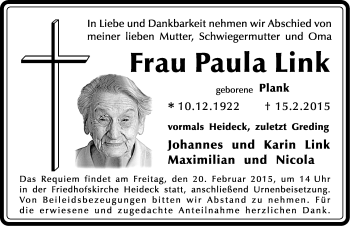 Traueranzeige von Paula Link von Roth-Hilpoltsteiner Volkszeitung Lokal