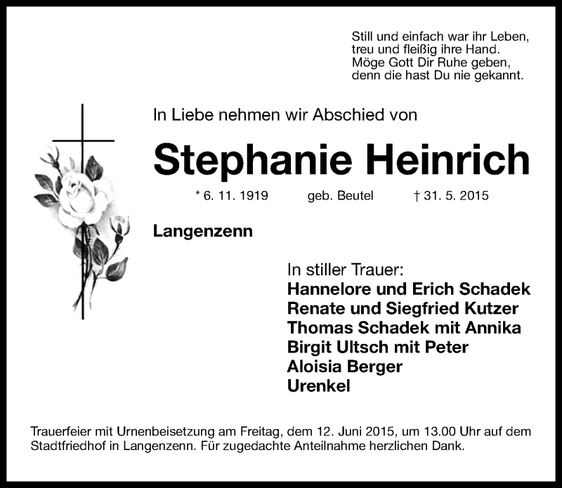  Traueranzeige für Stephanie Heinrich vom 10.06.2015 aus Fürther Nachrichten Lokal